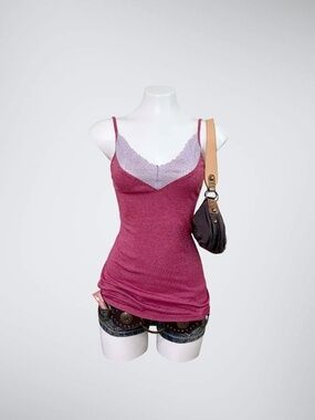 VTG 2000s Sucre Soir Lace Trim Cami Top | Rose Pink Heathered Tank | Downtown Ro
